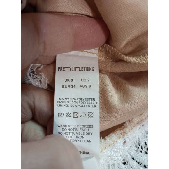 Pretty Little Thing Dress Ladies 2 Tan White Lace Overlay Short Sleeve Mini - Picture 7 of 8